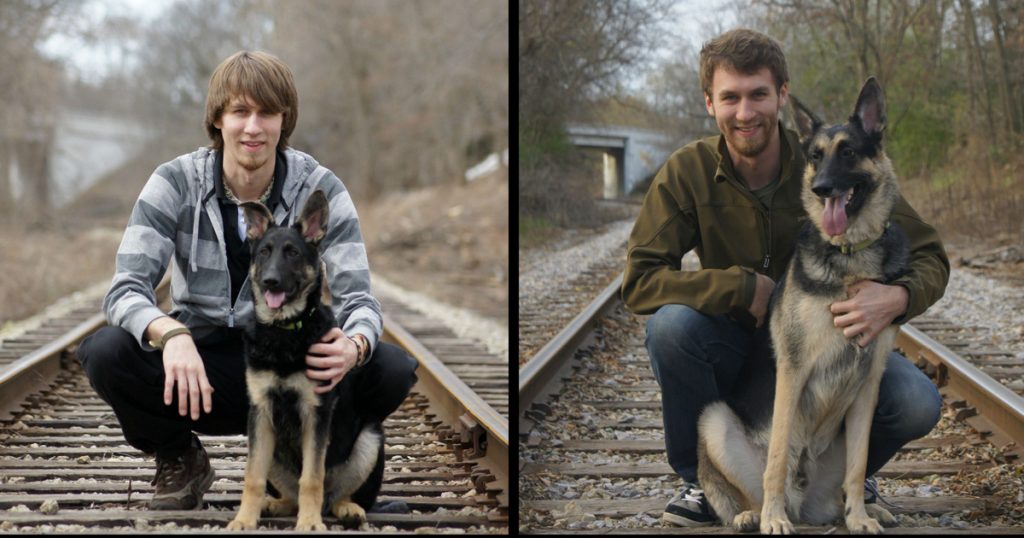 Dogs Recreated Photos _ German Shepherd and Man train tracks _ allcreated