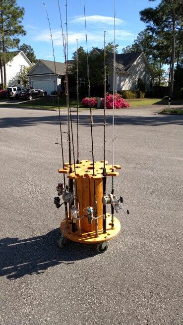 upcycled wooden cable spools _ fishing rod holder_allcreated