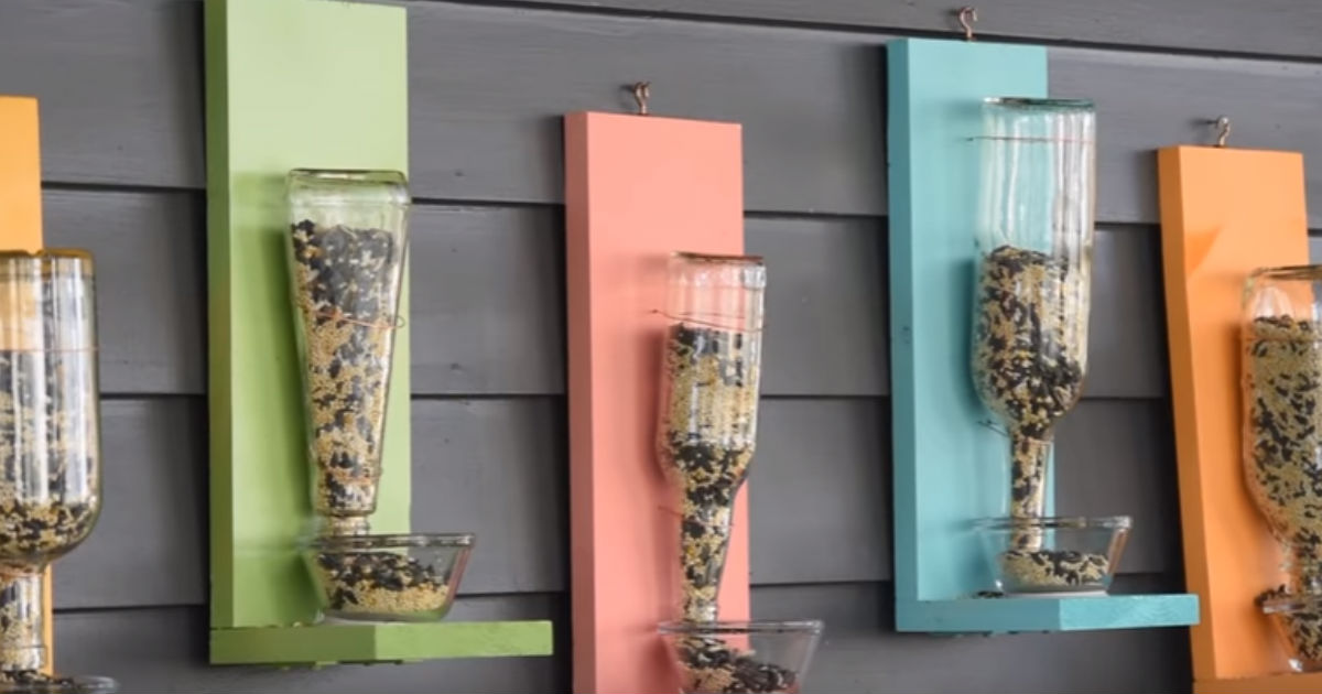 DIY Bird Feeder Upcycles Scrap Wood And Used Glass Bottles