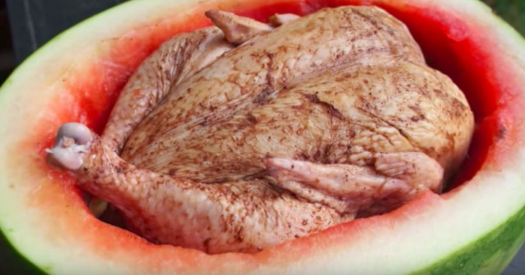 allcreated - cooking chicken inside a watermelon